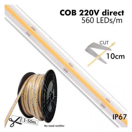 Tira LED COB 220V 16W/m IP67 corte 10cm 560 LED/m