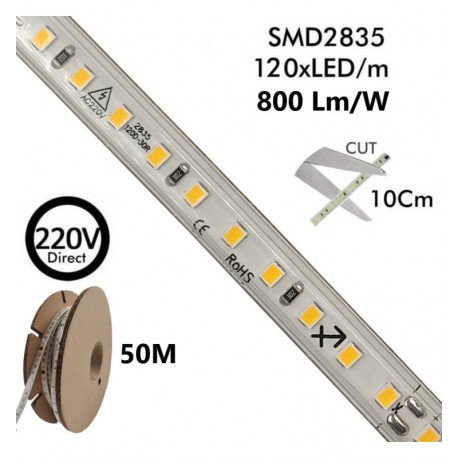 Tira LED 220V 8W/m IP65 exterior SMD2835 120 LED/m corte 10cm