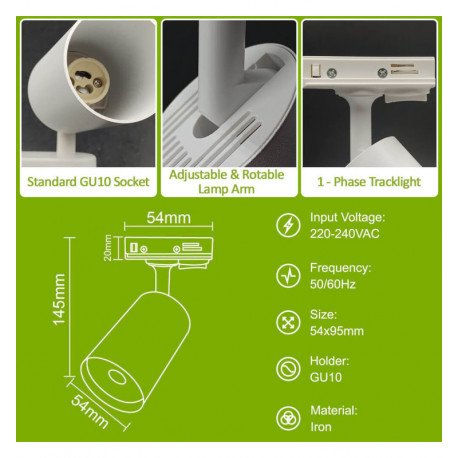 LED Track Light GU10 Single-Phase Adjustable White