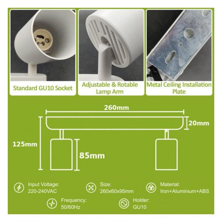 Plafond-wandlamp (inbouw) LED 2xGU10 draaibaar aluminium wit voor binnen