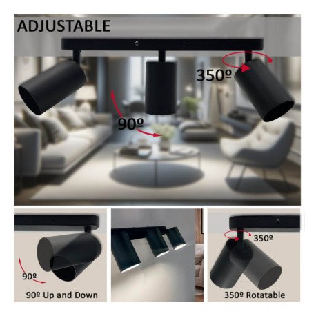 Aplique LED de techo orientable 3 GU10 negro aluminio para interior