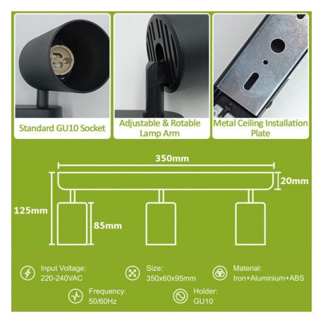 Aplique LED de techo orientable 3 GU10 negro aluminio para interior