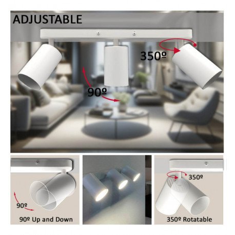 Led plafondwandlamp draaibaar 3xGU10 aluminium wit