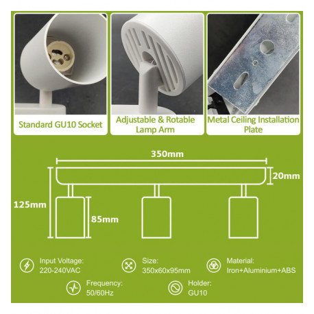 Aplique LED de techo orientable 3xGU10 para techo en aluminio blanco