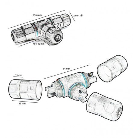 Conector de cables en T IP68 exterior para proyectores y farolas