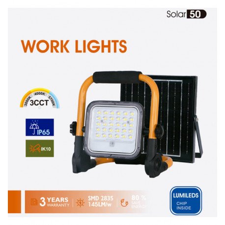 Proyector LED solar portátil 50W 3CCT IP65 para exterior