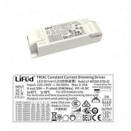 LED TRIAC Dimmable Driver LIFUD No Flicker 9-42V 400-750mA