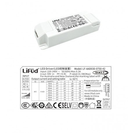 LED Driver DALI/PUSH 30W No Flicker 9-42V 400-750mA