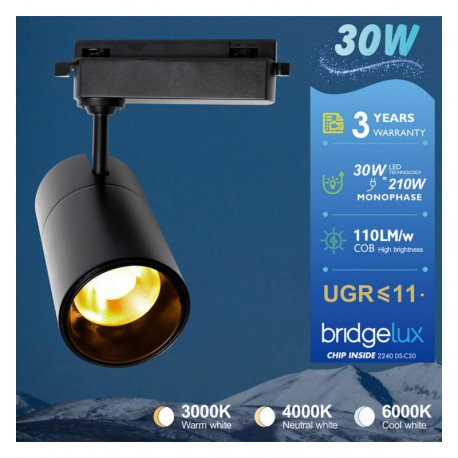 Ledschijnwerper 30W 1-fase carril PARIS zwart 24° UGR11