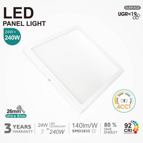 LED vierkant paneel opbouw 24W 4CCT UGR19 26mm CRI92