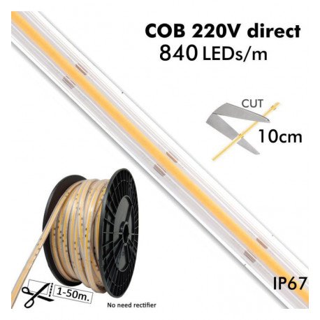 Tira LED COB 220V 20W/m IP67, 1600Lm/m, corte 10cm
