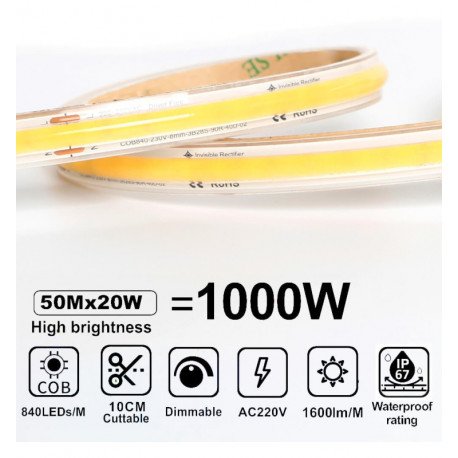 Tira LED COB 220V 20W/m IP67, 1600Lm/m, corte 10cm