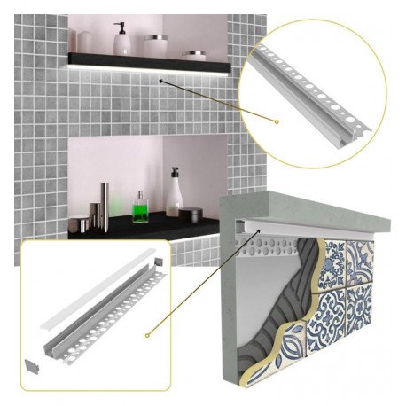 LED Strip Recessed Aluminum Profile, 2 m, Single Flange