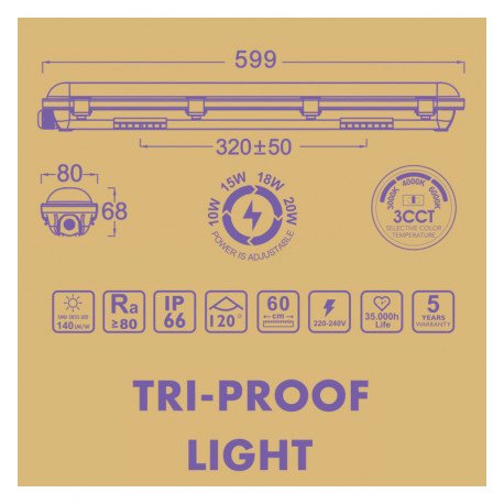 LED Armatuur waterdicht  20W 60cm 3CCT IP66 voor binnen/industrieel
