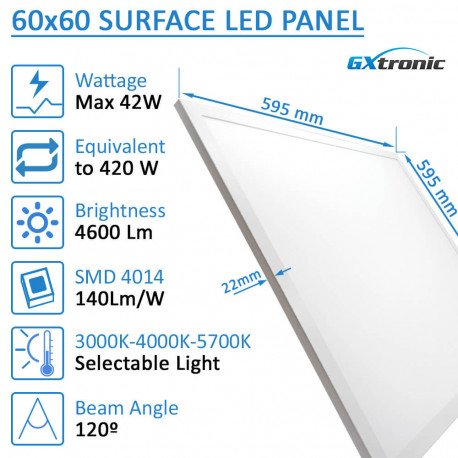 Panel LED Superficie 60x60 42W 3CCT Ultra Slim 22mm GXtronic