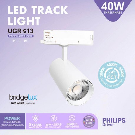 led-spot 40W voor 3-fase carrilsysteem NEW MAYA 3CCT UGR13 24°-60° wit