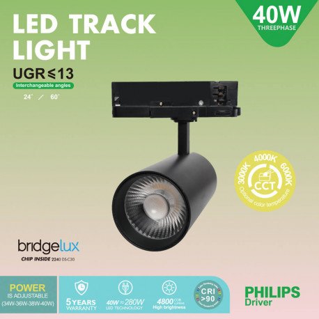 Led-schijnwerper 40W voor driefase rail 3CCT UGR13 24°-60° zwart