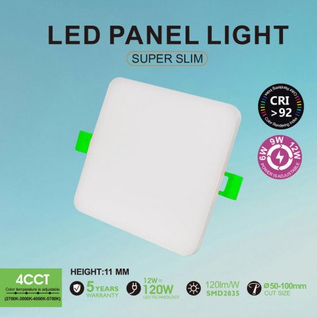 Downlight LED cuadrado 4CCT 6/9/12W ajustable 50-100mm blanco