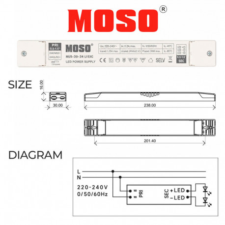 LED voeding MOSO 24VDC 30W constante spanning serie MUS