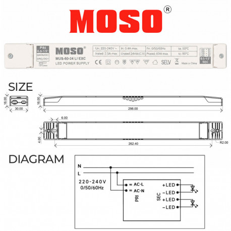 LED voeding MOSO 24VDC 60W constante spanning serie MUS