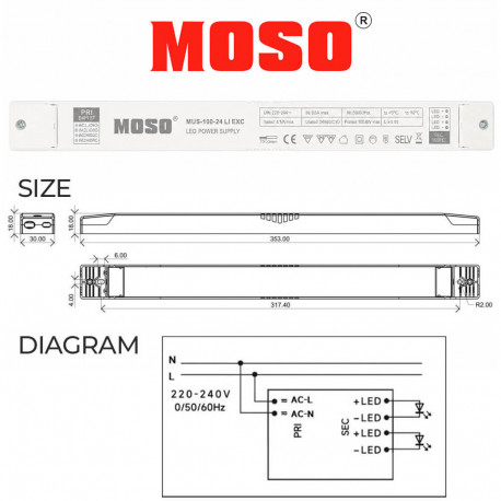 LED voeding MOSO 24VDC 100W constante spanning serie MUS