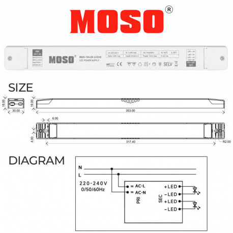LED Power Supply 24V 150W Constant Voltage MOSO MUS