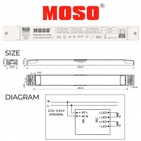 LED Power Supply 12V 60W Constant Voltage MOSO MUS