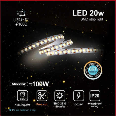 LED Strip 24V 20W/m 5CCT SMD2835 Free Cut 5m