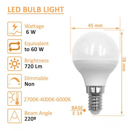 LED-lamp 6W E14 G45 220° OSRAM Chip DURIS sin flick
