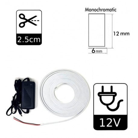 Neon ledstrip 6000K 12V 6mm 5m met voeding en DC5.5 connector