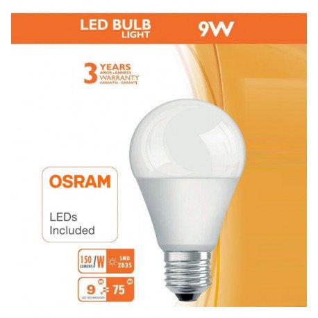 Ledlamp 9W E27 A60 180° OSRAM-chip DURIS sin flick