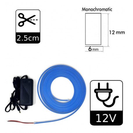 Led-neonstrip blauw 6 mm 12V 5 m + voeding