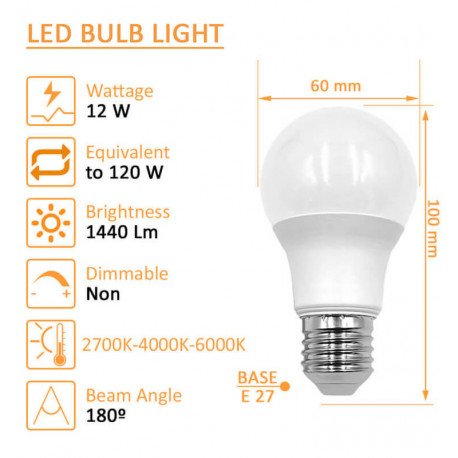 Ledlamp 12W E27 A60 180° OSRAM Chip DURIS sin flick