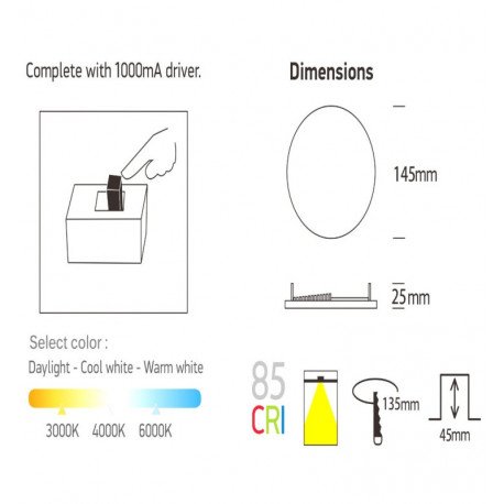 Downlight LED 12W empotrable sin marco QUASAR OSRAM chip DURIS E CCT