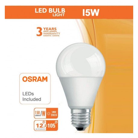 Ledlamp 15W E27 A60 180° OSRAM chip DURIS sin flicker