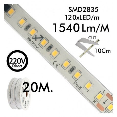Ledstrip 220V 14W/m IP67 voor binnen, 20 m, snijbaar per 10 cm