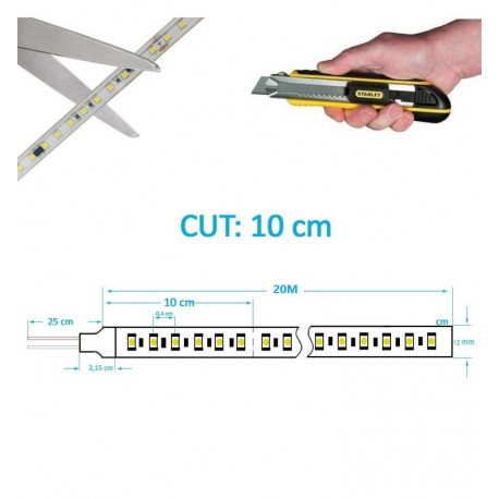 Tira LED 220V 14W/m IP67 para interior, 20m, corte cada 10cm