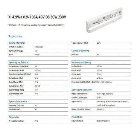 Driver led Philips Xitanium voor 3-fase rail 36-42W 40V 5 jaar
