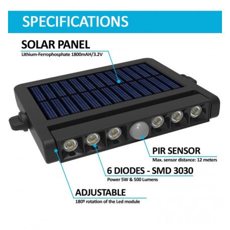 Wandlamp led solar 5W draaibaar met bewegingssensor 4000K