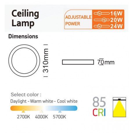 Opbouw plafond-led 24W CCT OSRAM chip selector 24/20/16W