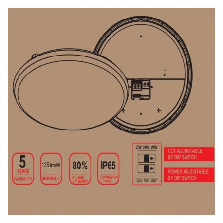 Plafondlamp LED opbouw IP65 CCT selecteerbaar 20W/16W/12W