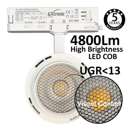 Led schijnwerper trifasisch 30-40W rail ROMA met optiek 24º-60º UGR13