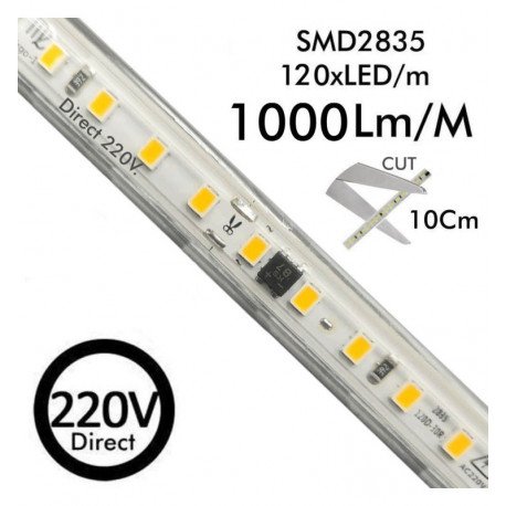 Tira LED 220V 10W/m IP65 corte 10cm CRI90 120LED/m