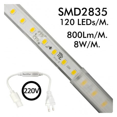 Tira LED 220V 8W/m IP65 para interior y exterior, 50m