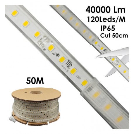 Tira LED 220V 8W/m IP65 para interior y exterior, 50m