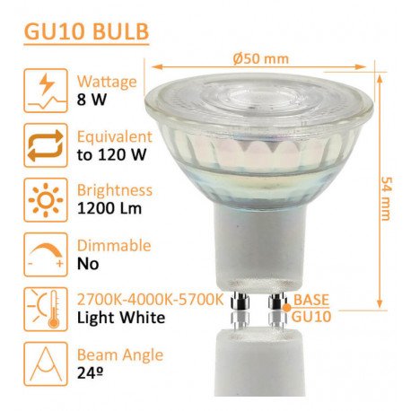 Bombilla LED GU10 8W dicroica alta luminosidad 24º cristal