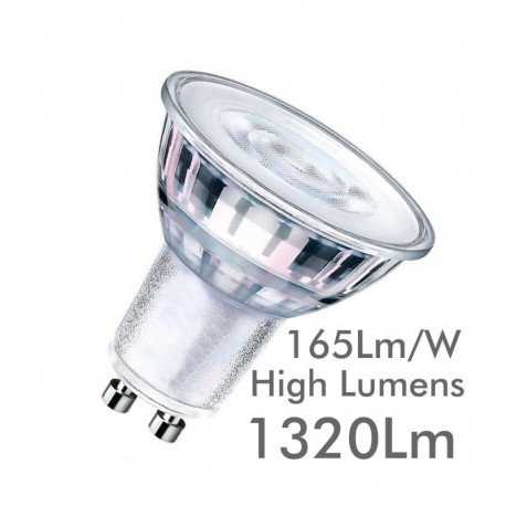 Bombilla LED GU10 8W dicroica alta luminosidad 24º cristal