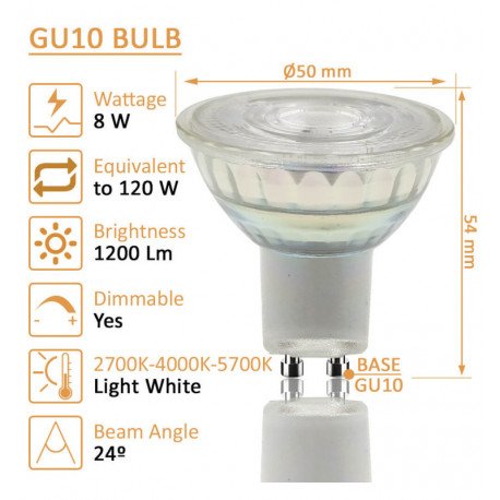 LED GU10 dicroïsche lamp 8W hoge lichtopbrengst 24° glas dimbaar