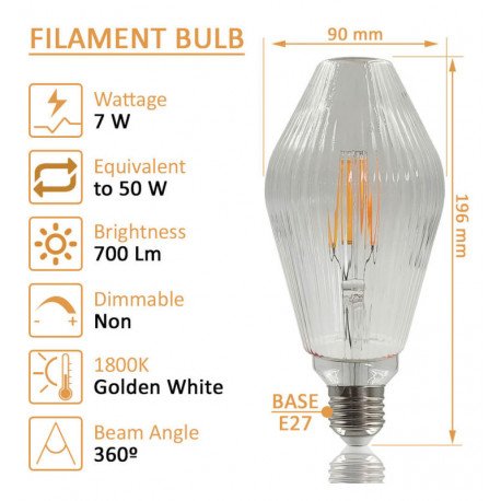 Ledfilament lamp 7W E27 amber decoratieve diamant