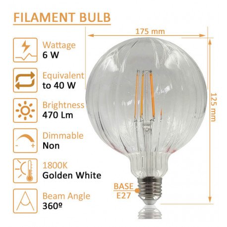 Bombilla LED filamento 6W E27 ámbar decorativa esfera
